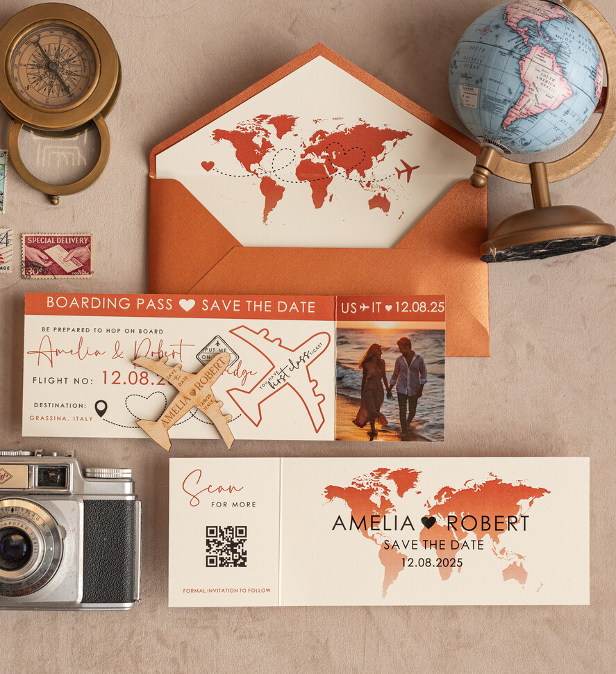 SAVE THE DATES beach travel magnets Terracotta Wooden airplane magnet Save The Date Cards  with photo boardingpass travel airplane save the dates destination wedding magnets