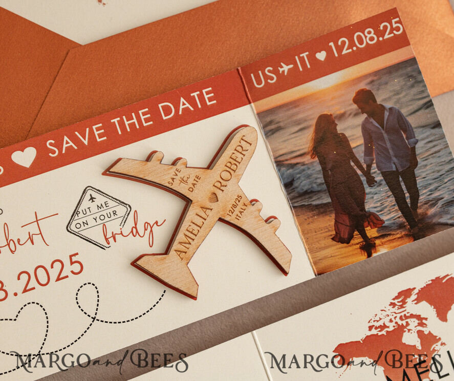 SAVE THE DATES beach travel magnets Terracotta Wooden airplane magnet Save The Date Cards  with photo boardingpass travel airplane save the dates destination wedding magnets