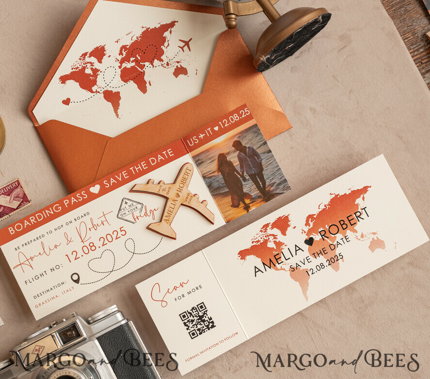 SAVE THE DATES beach travel magnets Terracotta Wooden airplane magnet Save The Date Cards  with photo boardingpass travel airplane save the dates destination wedding magnets