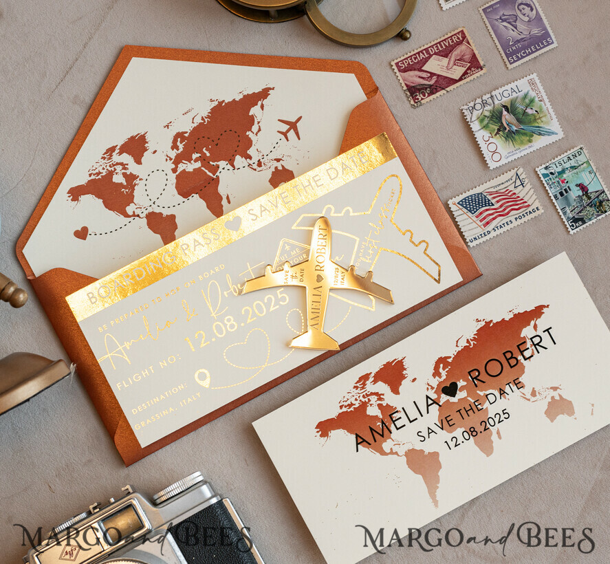 SAVE THE DATES beach travel magnets Terracotta  golden airplane magnet Save The Date Cards  boardingpass travel airplane save the dates destination wedding magnets