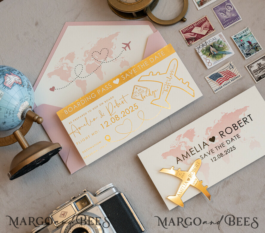SAVE THE DATES beach travel magnets Blush Pink golden airplane magnet Save The Date Cards  boardingpass travel airplane save the dates destination wedding magnets