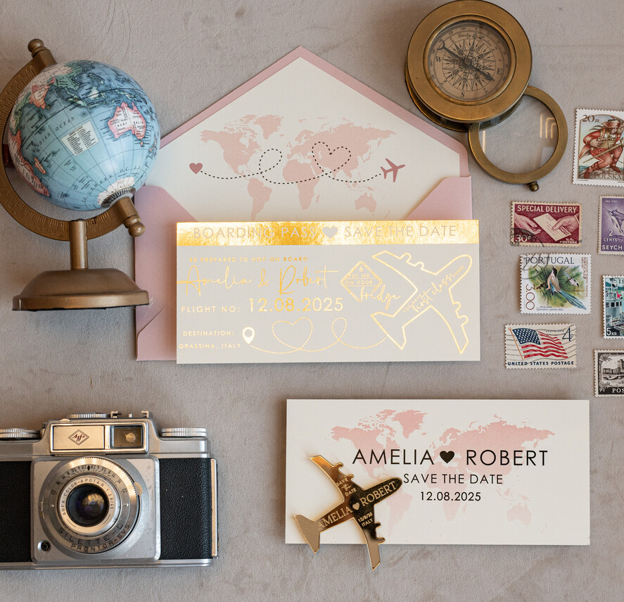 SAVE THE DATES beach travel magnets Blush Pink golden airplane magnet Save The Date Cards  boardingpass travel airplane save the dates destination wedding magnets