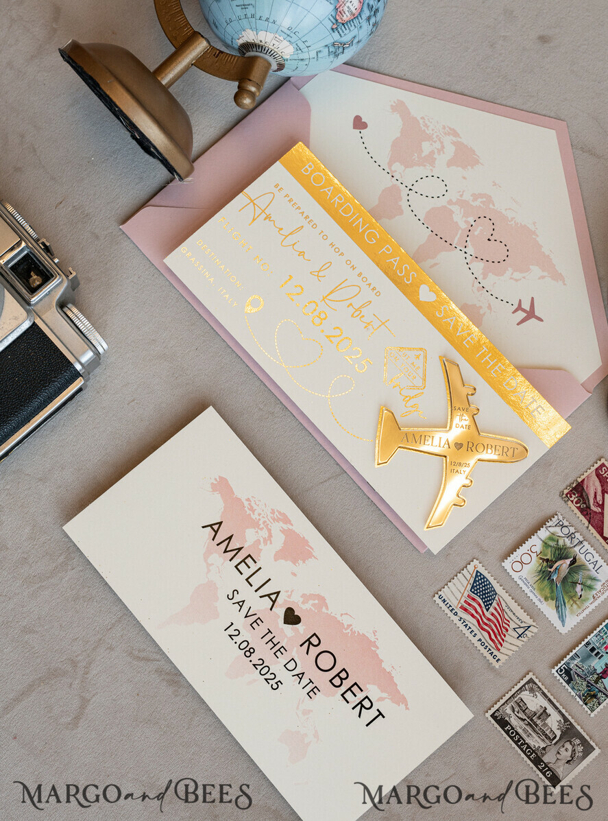SAVE THE DATES beach travel magnets Blush Pink golden airplane magnet Save The Date Cards  boardingpass travel airplane save the dates destination wedding magnets