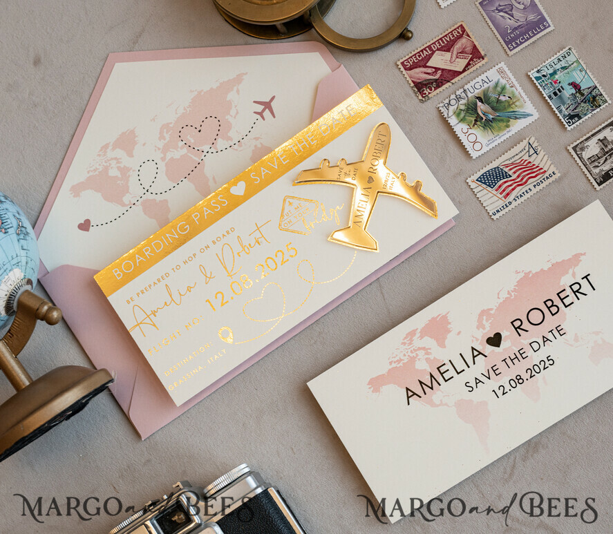SAVE THE DATES beach travel magnets Blush Pink golden airplane magnet Save The Date Cards  boardingpass travel airplane save the dates destination wedding magnets