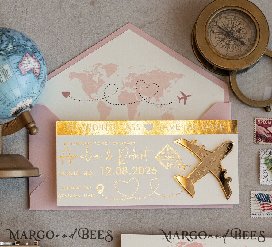 SAVE THE DATES beach travel magnets Blush Pink golden airplane magnet Save The Date Cards  boardingpass travel airplane save the dates destination wedding magnets