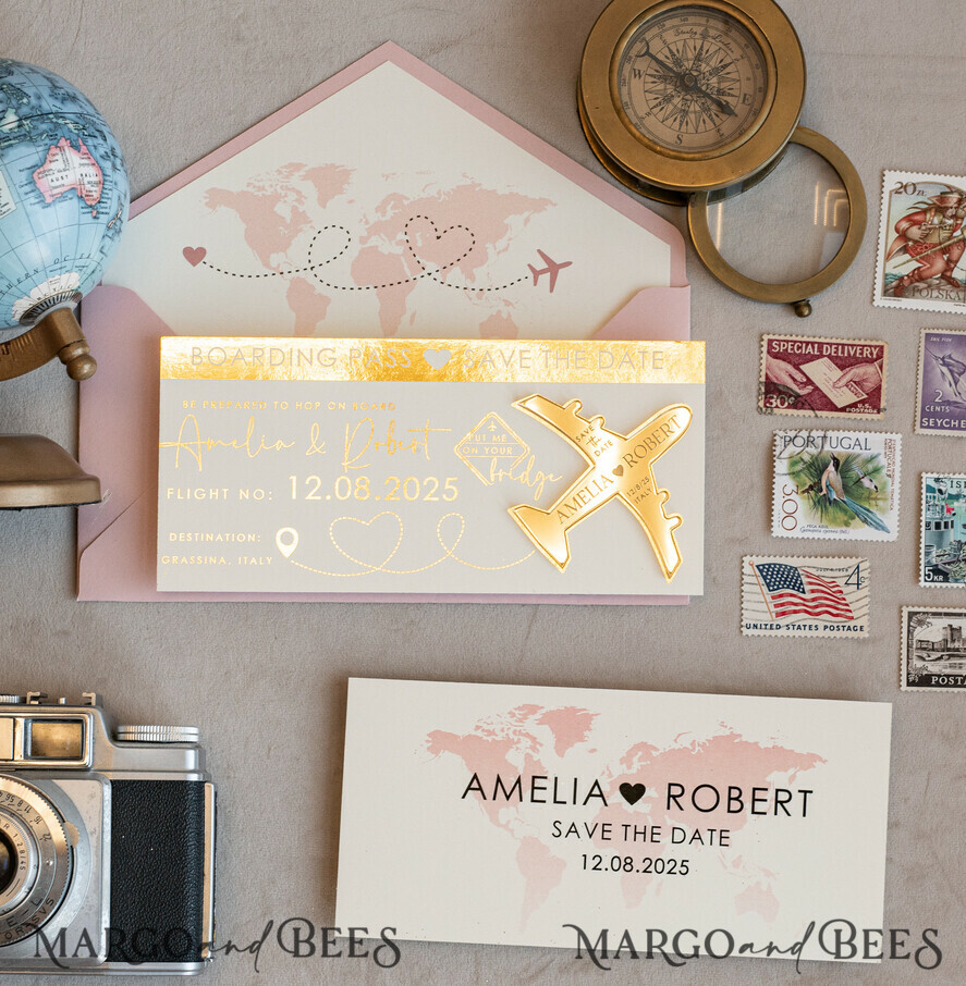 SAVE THE DATES beach travel magnets Blush Pink golden airplane magnet Save The Date Cards  boardingpass travel airplane save the dates destination wedding magnets