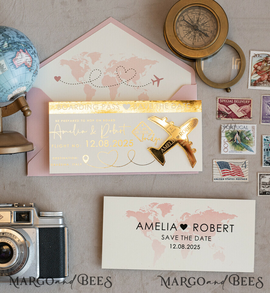 SAVE THE DATES beach travel magnets Blush Pink golden airplane magnet Save The Date Cards  boardingpass travel airplane save the dates destination wedding magnets