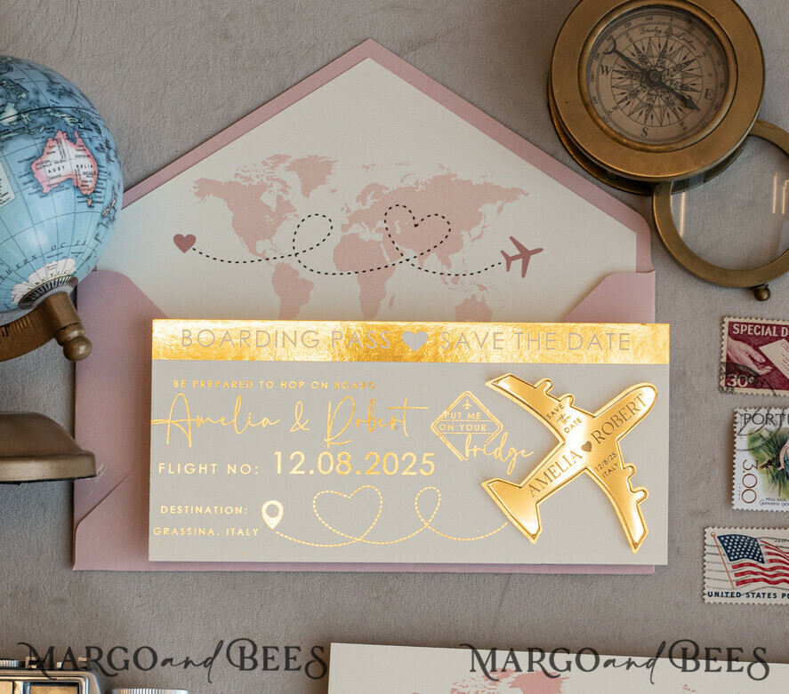 SAVE THE DATES beach travel magnets Blush Pink golden airplane magnet Save The Date Cards  boardingpass travel airplane save the dates destination wedding magnets