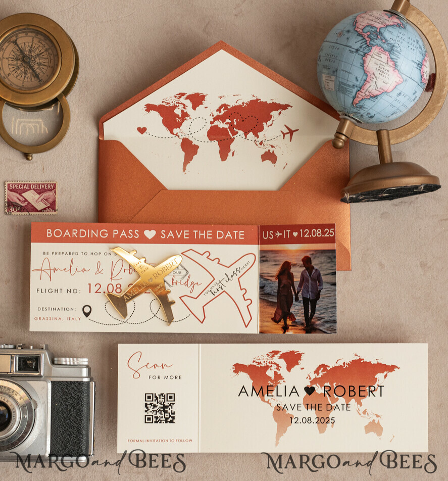 DATEN MERKEN Strand-Reise-Magnete Terrakotta goldener Flugzeugmagnet Save The Date Karten Boardingpass Reise Flugzeug Save the Dates Hochzeitsmagneten