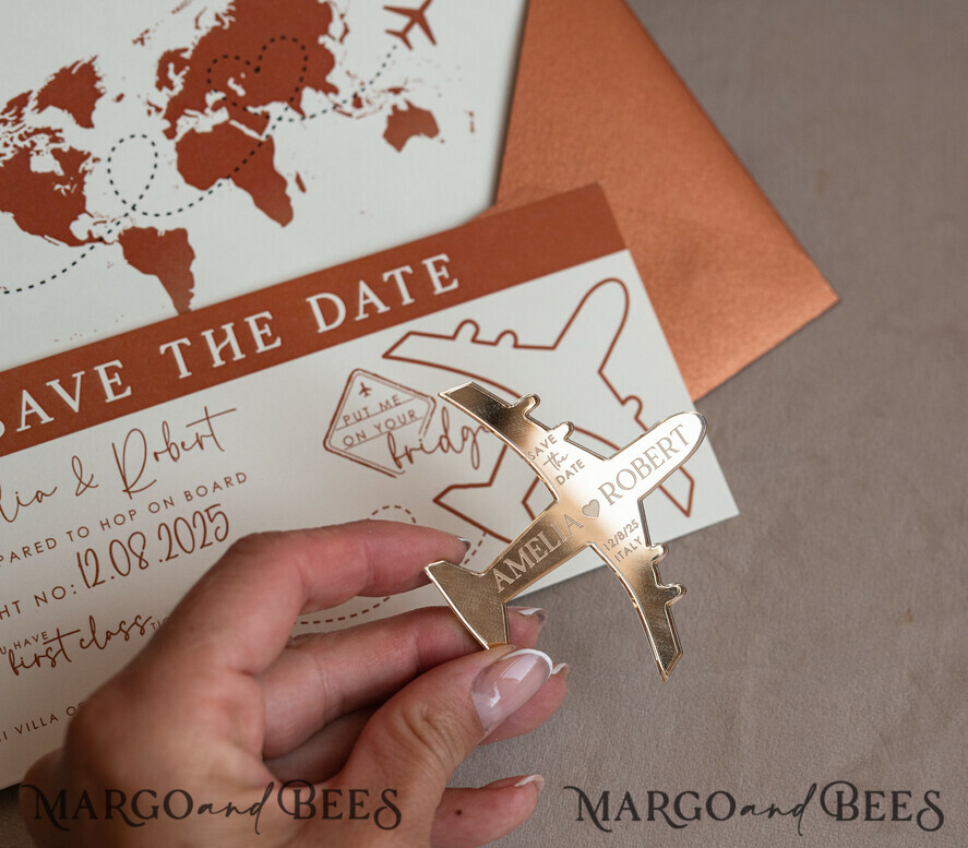 SAVE THE DATES beach travel magnets Terracotta  golden airplane magnet Save The Date Cards  boardingpass travel airplane save the dates destination wedding magnets