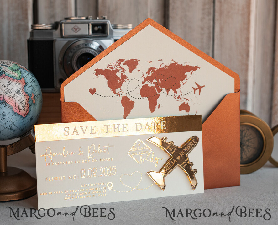 SAVE THE DATES beach travel magnets Terracotta  golden airplane magnet Save The Date Cards  boardingpass travel airplane save the dates destination wedding magnets