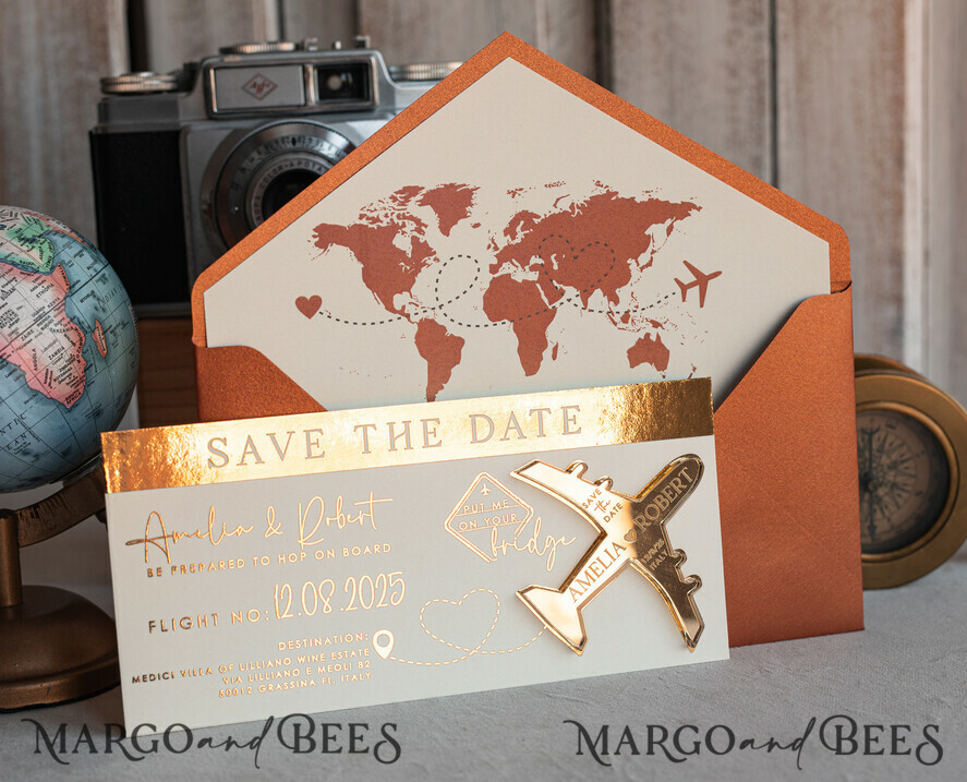 SAVE THE DATES beach travel magnets Terracotta  golden airplane magnet Save The Date Cards  boardingpass travel airplane save the dates destination wedding magnets