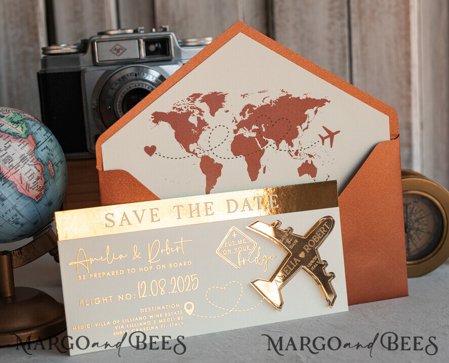 SAVE THE DATES beach travel magnets Terracotta  golden airplane magnet Save The Date Cards  boardingpass travel airplane save the dates destination wedding magnets