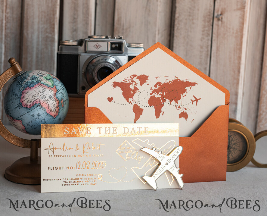 SAVE THE DATES beach travel magnets Terracotta  golden airplane magnet Save The Date Cards  boardingpass travel airplane save the dates destination wedding magnets