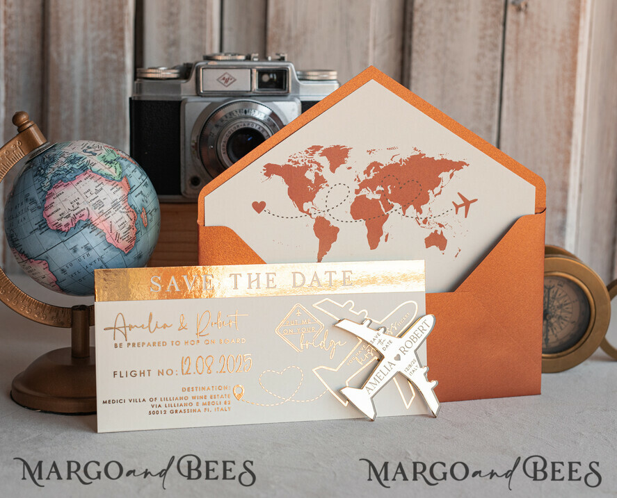 SAVE THE DATES beach travel magnets Terracotta  golden airplane magnet Save The Date Cards  boardingpass travel airplane save the dates destination wedding magnets