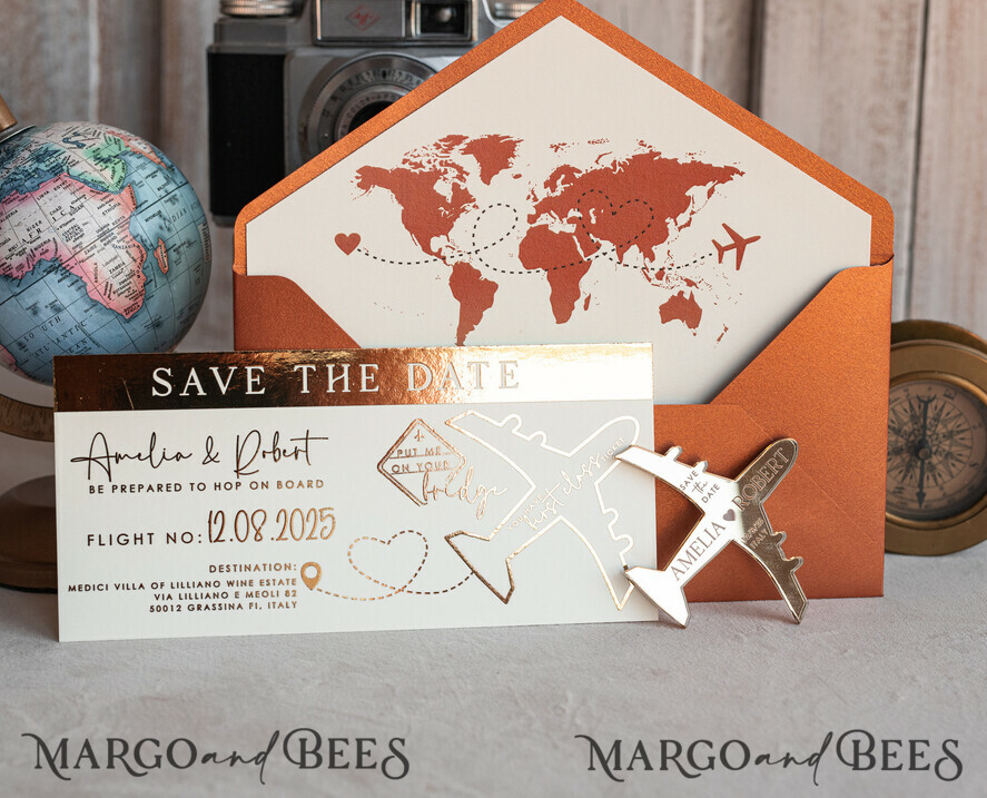 SAVE THE DATES beach travel magnets Terracotta  golden airplane magnet Save The Date Cards  boardingpass travel airplane save the dates destination wedding magnets