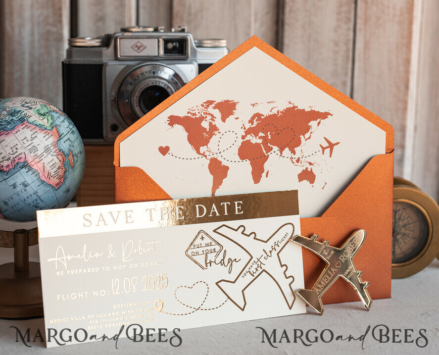 SAVE THE DATES beach travel magnets Terracotta  golden airplane magnet Save The Date Cards  boardingpass travel airplane save the dates destination wedding magnets