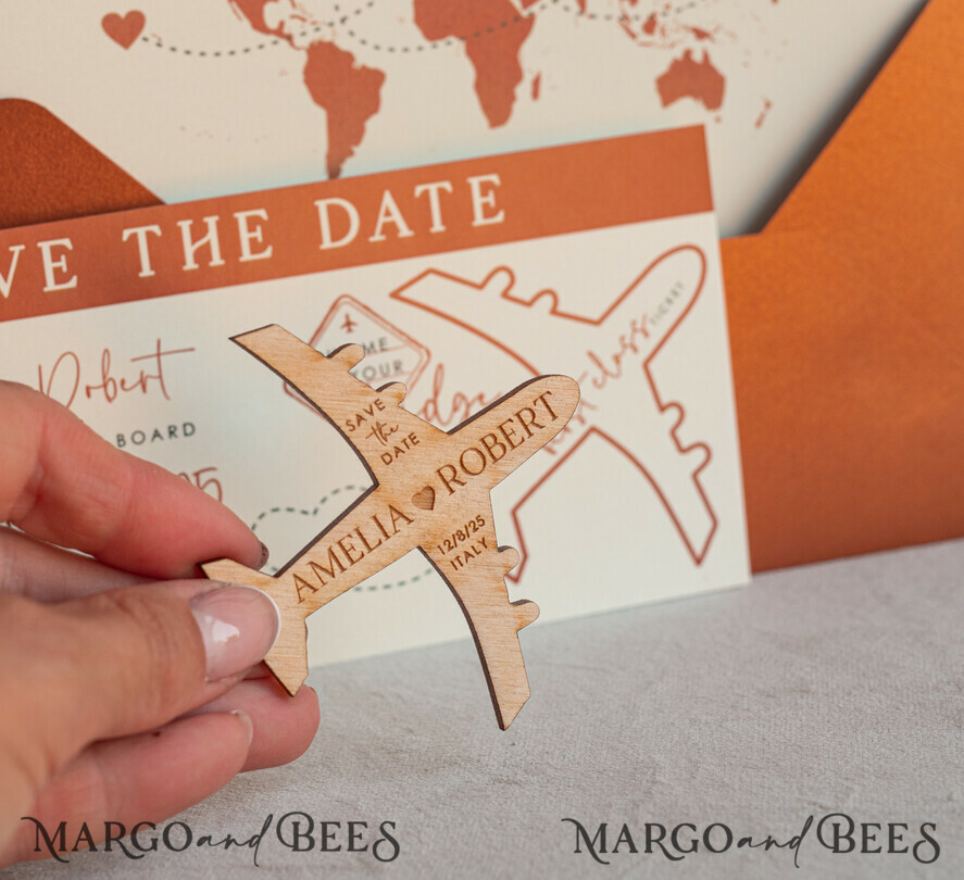 SAVE THE DATES beach travel magnets Terracotta  Wooden airplane magnet Save The Date Cards  boardingpass travel airplane save the dates destination wedding magnets