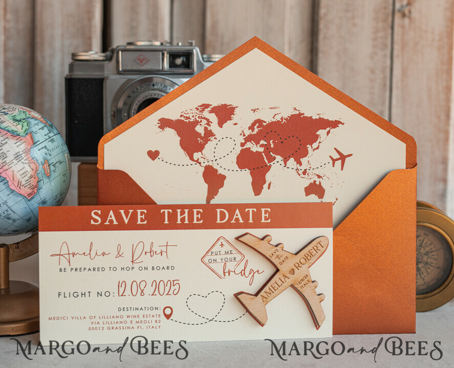 SAVE THE DATES beach travel magnets Terracotta  Wooden airplane magnet Save The Date Cards  boardingpass travel airplane save the dates destination wedding magnets
