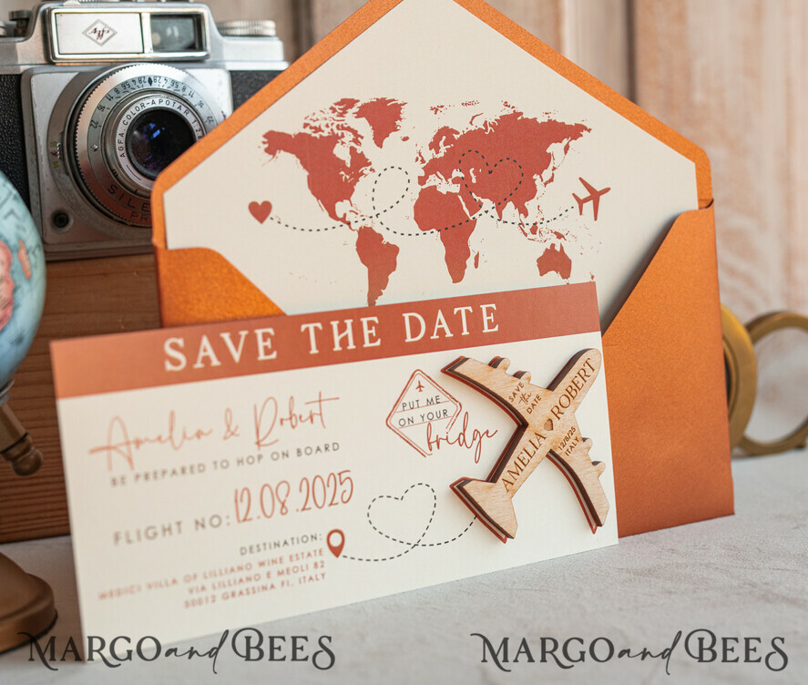 SAVE THE DATES beach travel magnets Terracotta  Wooden airplane magnet Save The Date Cards  boardingpass travel airplane save the dates destination wedding magnets