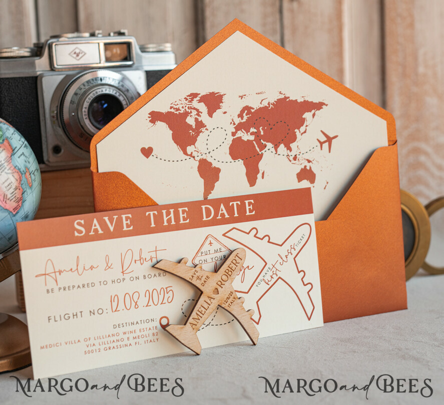 SAVE THE DATES beach travel magnets Terracotta  Wooden airplane magnet Save The Date Cards  boardingpass travel airplane save the dates destination wedding magnets
