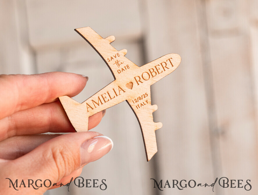 SAVE THE DATES beach travel magnets Terracotta  Wooden airplane magnet Save The Date Cards  boardingpass travel airplane save the dates destination wedding magnets
