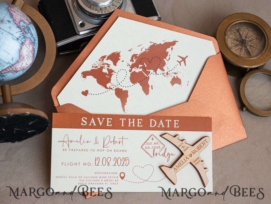 SAVE THE DATES beach travel magnets Terracotta  Wooden airplane magnet Save The Date Cards  boardingpass travel airplane save the dates destination wedding magnets