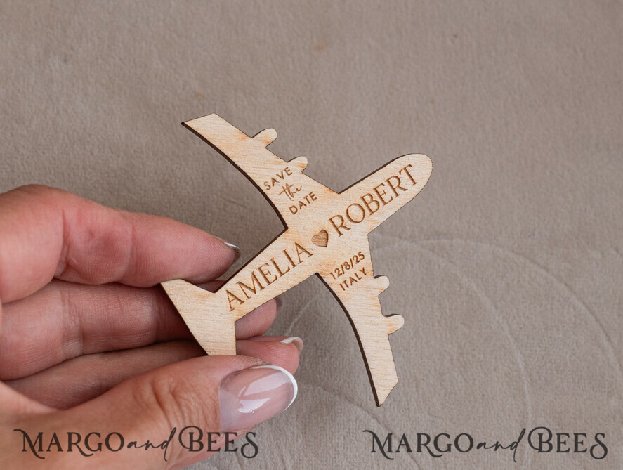 SAVE THE DATES beach travel magnets Terracotta  Wooden airplane magnet Save The Date Cards  boardingpass travel airplane save the dates destination wedding magnets