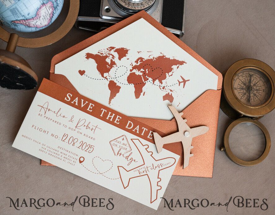 SAVE THE DATES beach travel magnets Terracotta  Wooden airplane magnet Save The Date Cards  boardingpass travel airplane save the dates destination wedding magnets