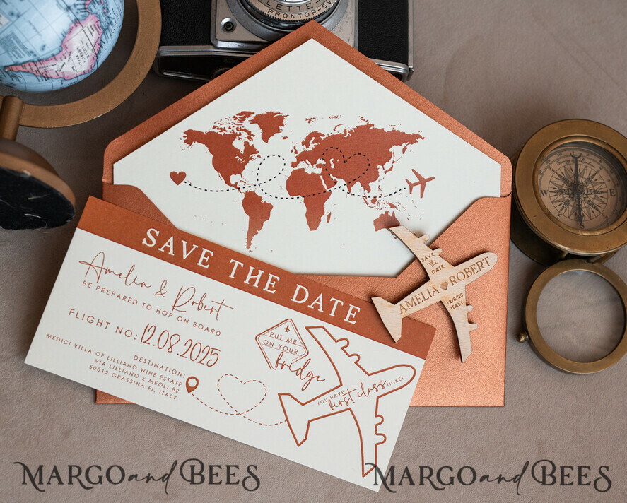 SAVE THE DATES beach travel magnets Terracotta  Wooden airplane magnet Save The Date Cards  boardingpass travel airplane save the dates destination wedding magnets