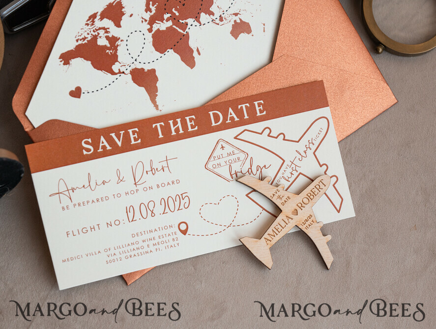 SAVE THE DATES beach travel magnets Terracotta  Wooden airplane magnet Save The Date Cards  boardingpass travel airplane save the dates destination wedding magnets