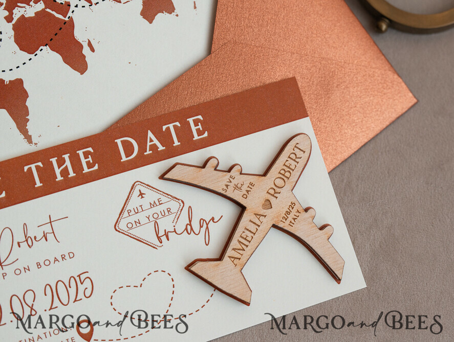 SAVE THE DATES beach travel magnets Terracotta  Wooden airplane magnet Save The Date Cards  boardingpass travel airplane save the dates destination wedding magnets