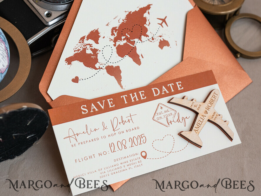SAVE THE DATES beach travel magnets Terracotta  Wooden airplane magnet Save The Date Cards  boardingpass travel airplane save the dates destination wedding magnets