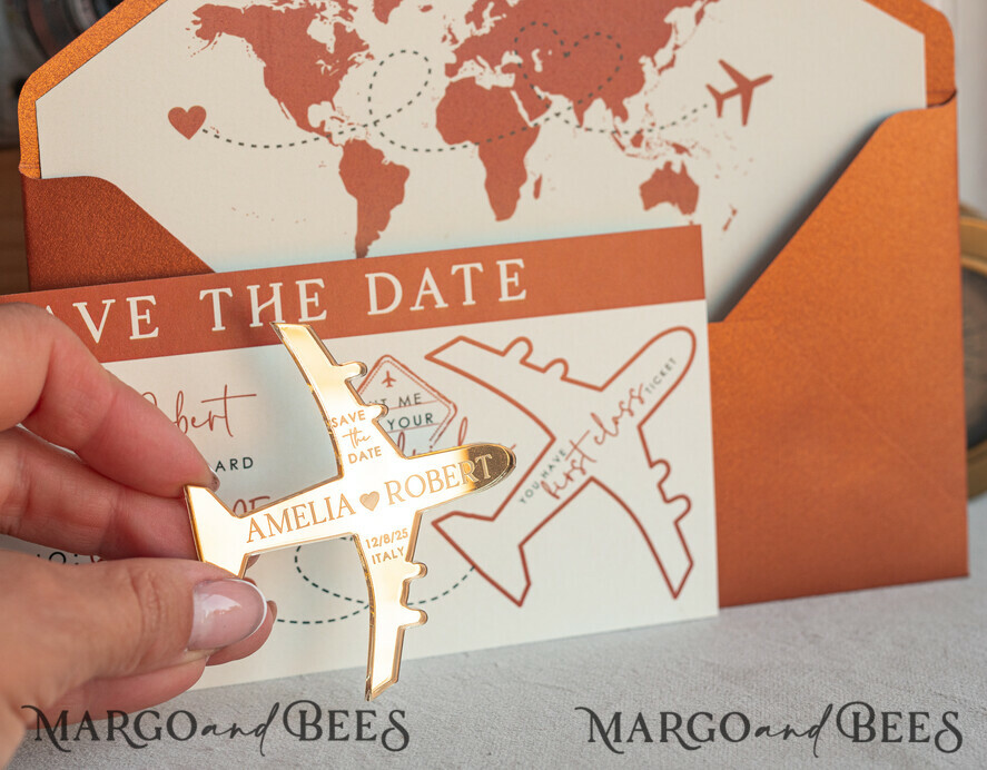 SAVE THE DATES beach travel magnets Terracotta golden airplane magnet Save The Date Cards  boardingpass travel airplane save the dates destination wedding magnets