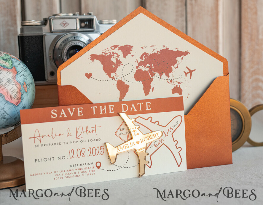 SAVE THE DATES beach travel magnets Terracotta golden airplane magnet Save The Date Cards  boardingpass travel airplane save the dates destination wedding magnets