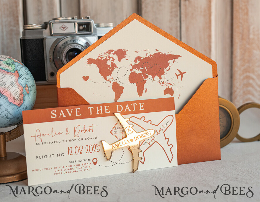 SAVE THE DATES beach travel magnets Terracotta golden airplane magnet Save The Date Cards  boardingpass travel airplane save the dates destination wedding magnets