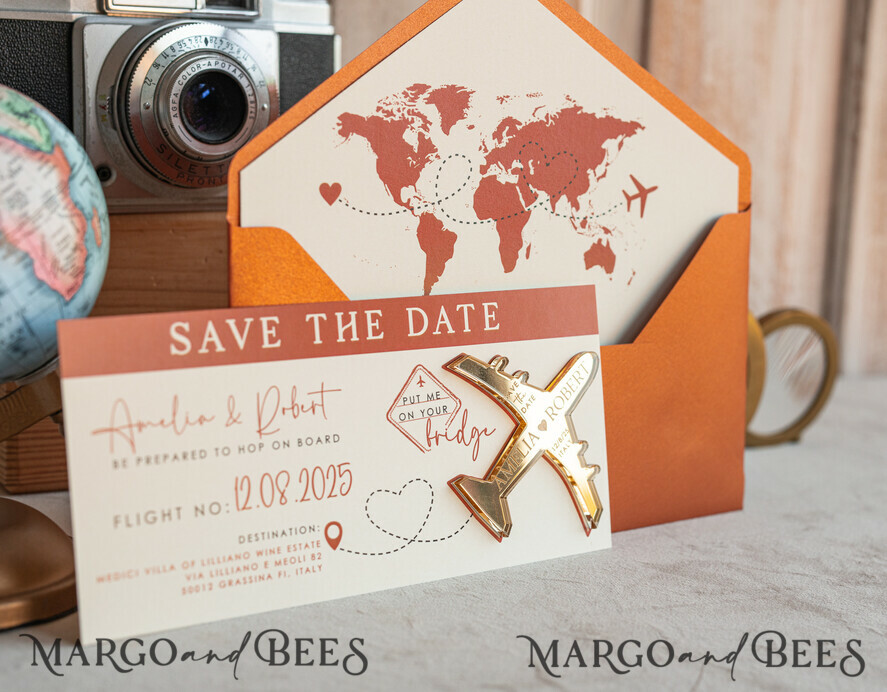 SAVE THE DATES beach travel magnets Terracotta golden airplane magnet Save The Date Cards  boardingpass travel airplane save the dates destination wedding magnets