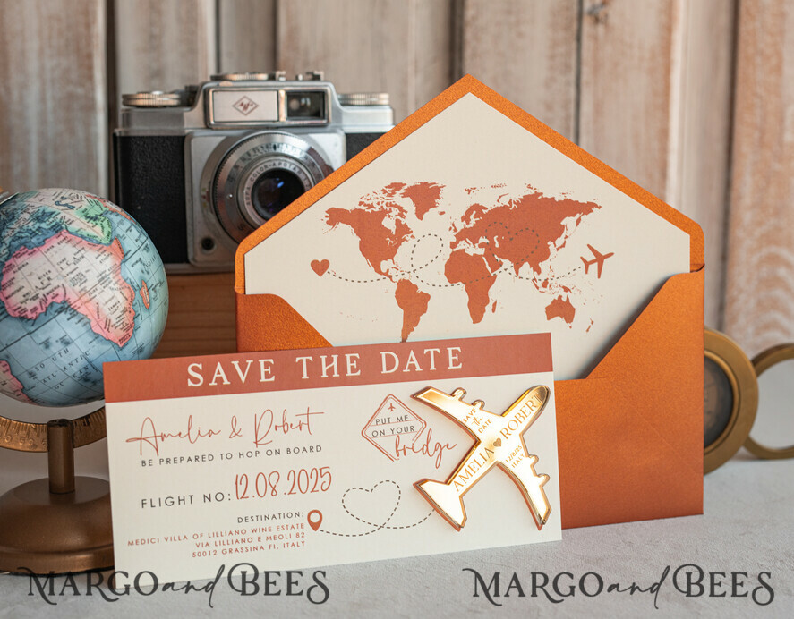 SAVE THE DATES beach travel magnets Terracotta golden airplane magnet Save The Date Cards  boardingpass travel airplane save the dates destination wedding magnets