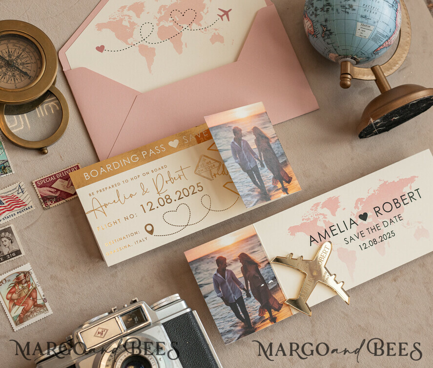 SAVE THE DATES beach travel magnets Blush Pink golden airplane magnet Save The Date Cards with Photo  boardingpass travel airplane save the dates destination wedding magnets