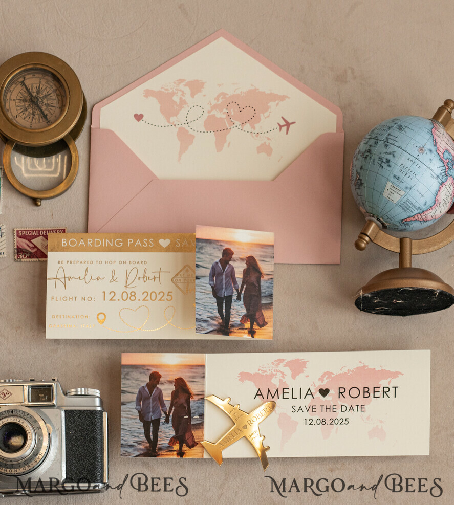 SAVE THE DATES beach travel magnets Blush Pink golden airplane magnet Save The Date Cards with Photo  boardingpass travel airplane save the dates destination wedding magnets