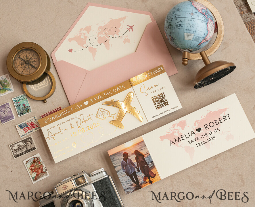 SAVE THE DATES beach travel magnets Blush Pink golden airplane magnet Save The Date Cards with Photo  boardingpass travel airplane save the dates destination wedding magnets