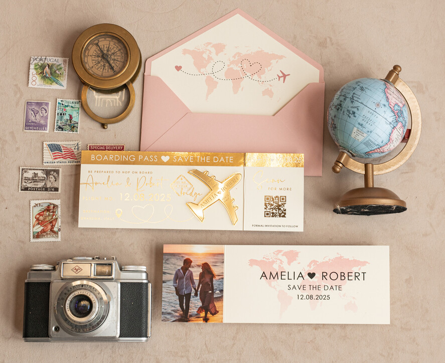 SAVE THE DATES beach travel magnets Blush Pink golden airplane magnet Save The Date Cards with Photo  boardingpass travel airplane save the dates destination wedding magnets