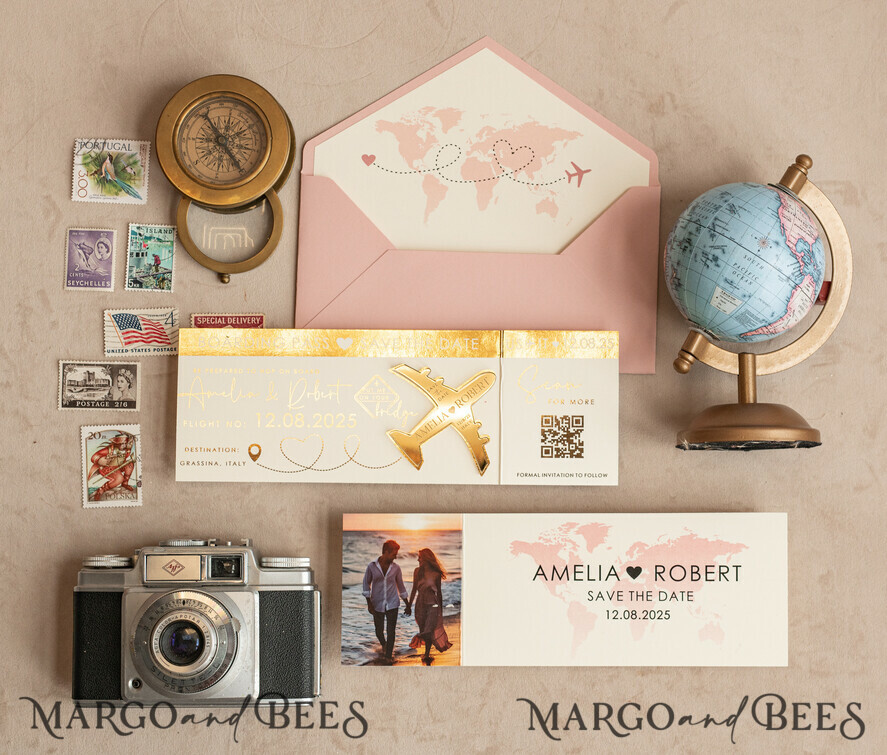 SAVE THE DATES beach travel magnets Blush Pink golden airplane magnet Save The Date Cards with Photo  boardingpass travel airplane save the dates destination wedding magnets