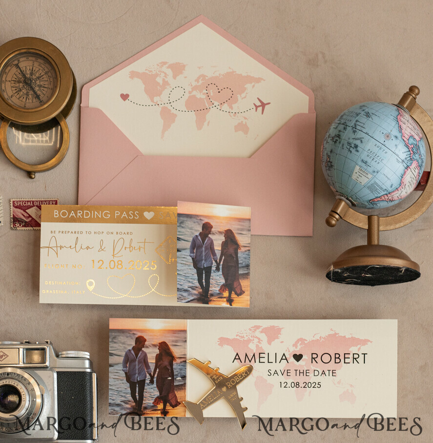 SAVE THE DATES beach travel magnets Blush Pink golden airplane magnet Save The Date Cards with Photo  boardingpass travel airplane save the dates destination wedding magnets