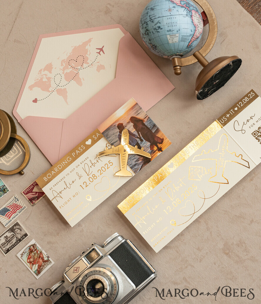 SAVE THE DATES beach travel magnets Blush Pink golden airplane magnet Save The Date Cards with Photo  boardingpass travel airplane save the dates destination wedding magnets