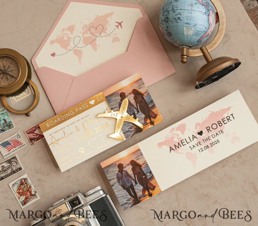 SAVE THE DATES beach travel magnets Blush Pink golden airplane magnet Save The Date Cards with Photo  boardingpass travel airplane save the dates destination wedding magnets