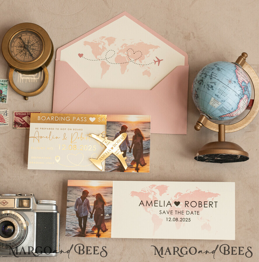 SAVE THE DATES beach travel magnets Blush Pink golden airplane magnet Save The Date Cards with Photo  boardingpass travel airplane save the dates destination wedding magnets