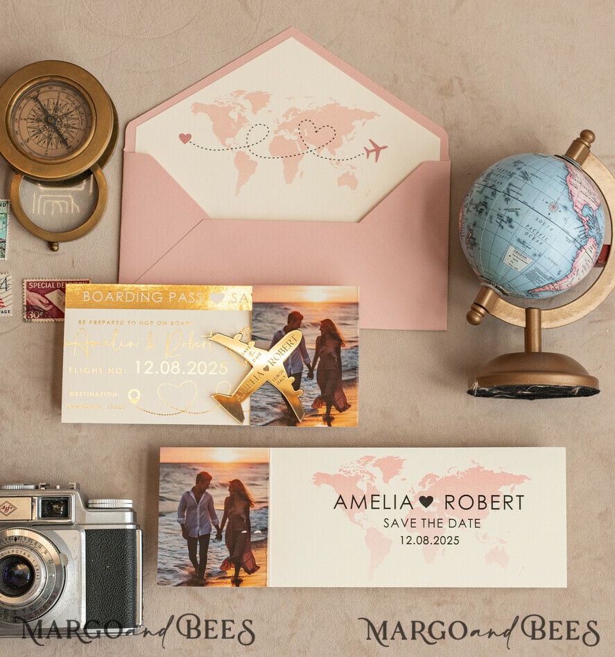 SAVE THE DATES beach travel magnets Blush Pink golden airplane magnet Save The Date Cards with Photo  boardingpass travel airplane save the dates destination wedding magnets
