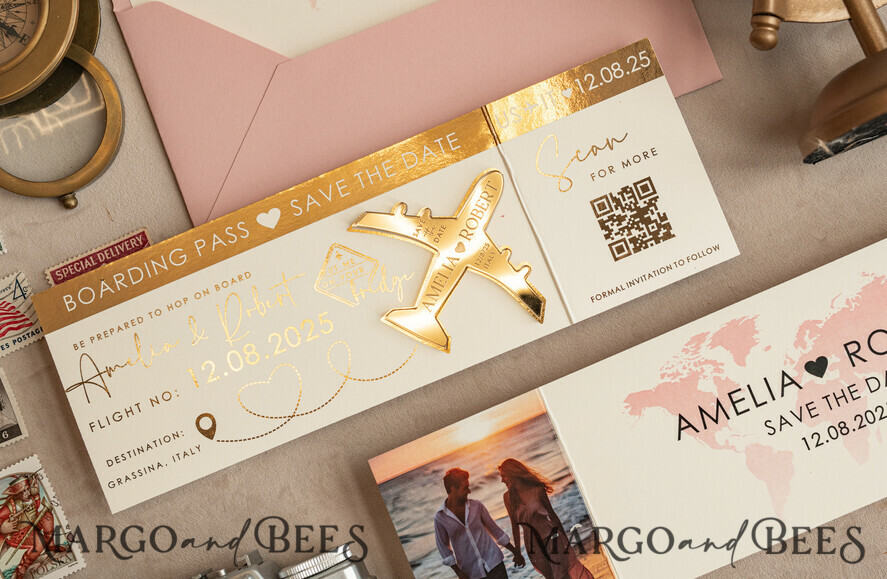 SAVE THE DATES beach travel magnets Blush Pink golden airplane magnet Save The Date Cards with Photo  boardingpass travel airplane save the dates destination wedding magnets