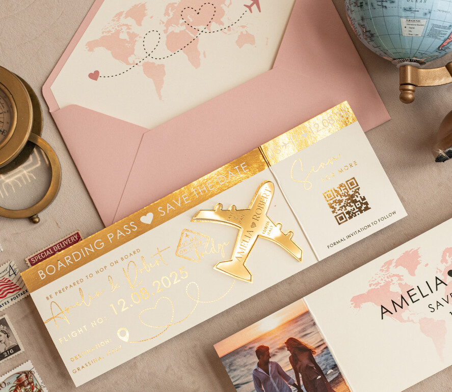 SAVE THE DATES beach travel magnets Blush Pink golden airplane magnet Save The Date Cards with Photo  boardingpass travel airplane save the dates destination wedding magnets
